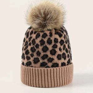 Leopard Print Save Pom Pom Cuffed Sherpa Lined Beanie